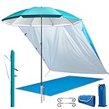 4smile Sonnenschirm, 5er-Set, Ø 180 cm, Türkis, praktischer Sonnenschirm Strand, Stabiler Strandschirm, Rasendorn für Sonnenschirm, Sonnensegel Strand, kompakte Stranddecke, Sonnenschirm Schutzhülle