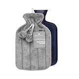 Luxus kuscheligem Kunstfell & Pom Pom Cover + Wärmflasche 2 Liter (Schiefer Grau)