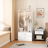 Lodera Kleiderschrank mit Spiegel, 2 Türen, Kleiderschrank, Ankleidezimmer mit 2 Schubladen und Hängestange, Standschränke mit transparenter Tür und LED, 80 x 50 x 180 cm, Weiß