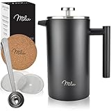 Milu French Press Kaffeebereiter | 350ml, 600ml, 1L | Edelstahl Kaffeepresse, Kaffeezubereiter für Zuhause Reisen Camping inkl. Untersetzer, Löffel, Ersatzfilter (Schwarz, 350ml (2 Tassen)