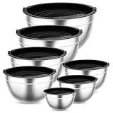 Onader Rührschüssel Set, Edelstahl Schüssel Salatschüssel 7er Set mit Luftdichtem Deckel, Stapelbar & Spülmaschinenfest, 6,5L /4,5L /3L /2,5L /1,5L /1,2L /0,7L - Schwarz