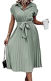 ASOMI Sommerkleid Damen Hemdkleid Kurzarm: Elegant Kurzarm Strandkleid Büro Wickelkleid Mode Tasche Hemdblusenkleid Lässig Blusenkleid Midikleid Knopf Plisseekleid V-Ausschnitt Gürtel B-Lichtgrün M