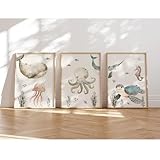 MeinBaby123® Unterwasserwelt Bilder Kinderzimmer | 3er Set DIN A4 | Wal, Qualle, Schildkröte | Kinderzimmer Deko Meer | Kinderzimmer Bilder | Geschenk zur Geburt (Unterwasserwelt V7)