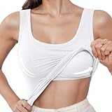 Ahigh Tank top Damen, Unterhemden Mit Integriertem BH, Basic Shirt, Ärmelloses Oberteil für Fitness & Yoga - Sommer, Weiß (Gerippt) Schmales T-Shirt XL