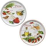 MamboCat 2er Set Pizzateller Napoli Green & Red Ø 33,8 cm I weiße Porzellanteller mit bunten Motiven zum Servieren für Antipasti und Tomate-Mozzarella I Doppelpack Pizzaplatte große Servierteller