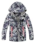 YOUNGSOUL Kinder Gefütterte Regenjacke Outdoorjacke Wasserdicht Übergangsjacke Jungen Softshelljacke Camouflage Jacke mit Kapuze Grau Grün DE: 128-134 (Herstellergröße 130)