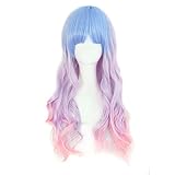 MapofBeauty Ladieshair schöne lang wellige Harajuku Stil Lolita Cosplay Perücke (Hellblau+Helllila+Rose)