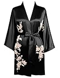 BABEYOND Damen Morgenmantel Blumen Gedruckt Sommer Bademantel Kimono Kurz Robe Leicht Schlafmantel Damen Satin Strandkleid (Schwarz)