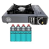 INTEC - Tragbarer Gaskocher, 1 Flammig, 2,2 kW + 4 Butangaskartuschen inklusive, Piezo-Zündung – Camping Wandern Küche Outdoor