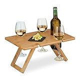 Relaxdays Picknick Weintisch, klappbar, HBT: 20x40x30 cm, Halterung 4 Weingläser & 1 Flasche, Bambus Weintablett, Natur