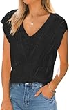 Saodimallsu Damen Strick TankTop mit V Ausschnitt Strickweste Pullunder Ärmelloses Vest Casual Sommer Weste Flügelärmel Loose Fit Ribbed Oberteile Basic, Schwarz, M