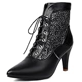 Diuniarza Stiletto Sparkly Pointed Toe Stiefeletten Mittelhohe Stiefel Schnüren Pailletten Stiefeletten Hochzeit Party Schwarz Gr 40 EU/41 Asiatisch