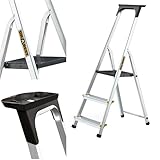 DRABEST Leiter PRO Serie 3 Stufen Trittleiter klappbar Aluleiter mit Arbeitsschale Haushaltsleiter Belastbar bis 150 kg Stehleiter kostenloser Haken