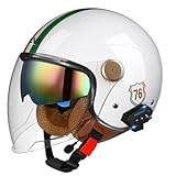 Retro Motorrad Halbhelme Motorradhelm DOT/ECE Zertifiziert Bluetooth 3/4 Jethelm Halbschalenhelm Braincap Damen Herren Mit Doppeltes Visier Moped Scooter Offenem Helm 24,XL:61-62CM