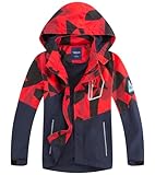 LAUSONS Kinder Gefütterte Regenjacke Jungen Camouflage Wasserdicht Jacke Leichte Übergangsjacke mit Abziehbar Kapuze Rot Camo DE: 134-140 (Herstellergröße 140)