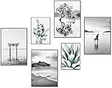 artpin® Moderne Poster Set - Bilder Wohnzimmer Deko Schlafzimmer - Eukalyptus Mint schwarz weiß Bilderwand ohne Rahmen(4x A4|2x A5) W15