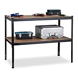 Relaxdays Werkbank, 2 Ebenen, höhenverstellbar, Werktisch, zum Stecken, Werkstatt, Stahl, MDF, HBT 90x120x60 cm, schwarz