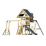 AXI Mitch Spielturm aus Holz in Braun mit Doppelschaukel | Spielplatz für Kinder mit Grauer Rutsche, Schaukel, Trapez, Kletterwand, Aussichtsturm & Sandkasten | Stelzenhaus für den Garten
