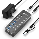 USB C 3.2 Hub Aktiv mit Netzteil, RSHTECH 7 Port USB 3.1 Gen2 Hub mit 3*10Gbps Datenports (Type-A, 2*Type-C), 4*Type-A 3.0 Ports 5Gbps, Touch-Schalter, 2-in-1 Datenkabel (100cm), 15W 5V/3A, RSH-ST07C