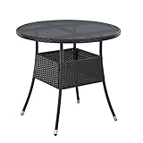 Juskys Polyrattan Gartentisch Yoro wetterfest - Balkontisch Ø 80 cm rund - Rattan Beistelltisch mit Glasplatte - Kleiner Tisch für Balkon - Schwarz