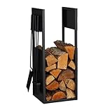 Relaxdays, schwarz Kaminholzregal mit Besteck, Metall, HBT: 76,5x36x30 cm, Brennholzregal innen, Holzscheite & Brennholz, Eisen, Aluminium, Jute