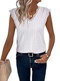 GORGLITTER Spitzenshirt Damen Elegant Tshirt Mit Spitze Sommer Oberteile Spitzentop Mit V-Ausschnitt Weiß M