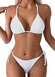 Tainehs Bikini für Damen, Neckholder, Triangel, sexy, Tangahöschen an beiden Seiten zu binden, Weiss/opulenter Garten, S