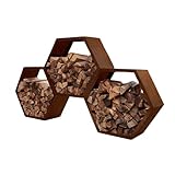 Dynamic24 3er Set Holzlege aus Stahl – Sechseckiges Holzregal in Edelrost-Optik, Wetterfest & Langlebig, Made in Germany, 80x92x34 cm Kaminholzregal Holz Aufbewahrung Feuerholz Regal