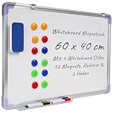 KRUMAD Whiteboard Magnetisch 60x40cm - Magnettafel mit Zubehör - Abwischbare Schreibtafel mit Metallrahmen - Inkl. 4 Whiteboard Stifte, 12 Magnete, Radierer & 2 Haken - Für Büro & Kinderzimmer