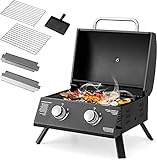 Tragbarer Gasgrill, 20.000 BTU Zwei-Brenner-Tischgrill mit integriertem Thermometer, Fettauffangschale, wasserdichtem Deckel, klappbaren Beinen, kompakter Propangasgrill for Garten, Camping, Picknick