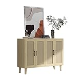 Panana Sideboard mit Rattangeflecht 4 Türen Sideboard TV-Schrank Schubladenkommode Holz Mehrzweckschrank für Flur Schlafzimmer Wohnzimmer Esszimmer (Braun)