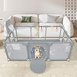 Laufgitter für Babys, großer Laufstall für Kleinkinder, Aktivität für Kinder mit Ball, modular, faltbar, mit Reißverschlusstür, Basketballgestell, mit 4 Saugnäpfen, 180 x 120 x 66 cm, Dunkelgrau