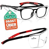 NoCry Sicherheits-Überbrille mit Kratzbeständigen Gläsern, Seitenschutz, Verstellbaren Bügeln, 400 UV-Schutz, schwarz roter Rahmen und EN166, EN170, EN172, EN175 Zertifiziert