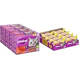 Whiskas 1+ Nassfutter Klassische Auswahl in Sauce, 48x85g, für ausgewachsene Katzen + Whiskas Crunch Bags Katzensnacks Huhn & Käse, 1x60g