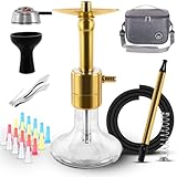 WINROOT Shishas Set mit 1 Schläuchen, 15,5 ″Kleines Shisha-Set mit dreiblättrigem Shisha-Kopf, Silikon-Shisha-Schale mit 7 Löchern, schöner Glasvase, Kohleclip, 20 Shisha-Spitzen, Aufbewahrungstasche