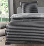 MALIKA Bettwäsche 135x200 Baumwolle, 2-teiliges Set, Streifenmuster, Wende Bettbezug 135 x 200 cm, Kissenbezug 80x80 cm, Renforcé, atmungsaktiv, maschinenwaschbar, Grau