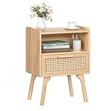 LELELINKY Nachttisch Rattan, Kleiner Beistelltisch mit Rattan Dekoriert Schubladen und Offenem Regal, Nachttische Holz Boho, Nachtkommode mit Tischbeine aus Massiv für Wohnzimmer, Schlafzimmer, Natur