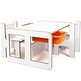 Industrial living Kindertisch mit 2 orangefarbenen Schubladen - Spieltisch mit 2 Hochstühlen - Aktivitätstisch - Spieltisch - Aktivitätstisch - Holz - Weiß