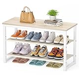 HOMIDEC Schuhregal mit 3 Ebenen, Schuhbank mit Holzplatte, Schuhregal mit Sitzbank, Regal Vliesstoff, für Eingangsbereich, Flur, Wohnzimmer, Tragkraft 150KG, Weiß