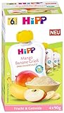 HiPP Bio Frucht & Getreide im Quetschbeutel für Baby, Mango Banane Grieß, 4er Pack (4x4x90g)