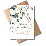 WBdesignz 10er Einladung Karte Hochzeit mit Umschlag - Einladungskarte zur Hochzeitsfeier Gold Eukaliptus Floral Pfingstrosen Schleierkraut Trauung Brautpaar Liebe Verlobung Hochzeitskarte (DIN A6)