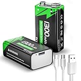9V Wiederaufladbare Akku, 1300mAh Lithium-ionen Block Batterien mit USB-C-Schnellladekabel ideal für Rauchmelder, Feuermelder, Alarme, Mikrofon, Multimeter usw (2 Stück)