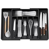 QiMan Besteckkasten für Schubladen, Erweiterbarer Schubladen organizer küche,Besteckeinsatz für schubladen 5-7 Fächer,Besteckkasten für Löffel und Gabeln, Schwarz, Groß (Schwarz,33,5-56,5CM)