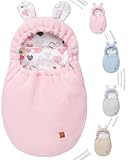 Mikos Einschlagdecke Babyschale Herbst Winter, Baby Fußsack mit Zip 100% Baumwolle GOTS Zert. Strickdecke mit Füllung Universal für Kinderwagen Buggys Frühling Maxi Cosi 3 Punkt Gurt (50) (Rosa)