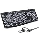 OMOTON Beleuchtete Tastatur Kabel PC Tastatur, QWERTZ Weiß Beleuchtet mit großem Druck, 2 in 1 USB A/C- Für Senioren, Kinder, Sehbehinderte für Windows mit Multimedia-Tasten(Schwarz)