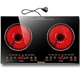 Karienvir GlaskeramikKochfeld 2 Platten Tragbar 220-240V, Keramik Kochfeld Kochplatte 2er Freistehend, Herdplatte 2 Kochfelder Tragbar mit Stecker, Timer, Kindersicherung, Restwärmeanzeige