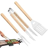 Grillzubehör-Set, 3-teiliges Grillzubehör-Set, hitzebeständig, mit rutschfestem Holzgriff, für Fleisch, Hamburger, Pizza und Grill im Freien