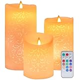 MULEVIP LED Kerzen 3 Stück Flammenlose Kerzen mit Fernbedienung Timerfunktion,Hohl geschnitztes Muster Echtwachskerzen,für Nachtlichter Hochzeit Kirchen Geburtstag Hochzeit Wohnkultur Party,12 Farben