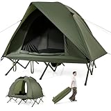 FANTASK Feldbett mit Zelt 2 Personen, Camping-Ausrüstung mit Regenschutz, 2 Netztüren, Dachfenster & Rolltasche, Outdoor-fähige Unterkunftsbett, bis 300 kg, 194 x 145 x 150 cm