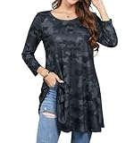 Enmain Schwarz Damen Tunika Top für Damen Dreivierte Langarm Blusen Tuniken Longline Bluse Longshirt Casual Rundhals Swing Tunika Tops L